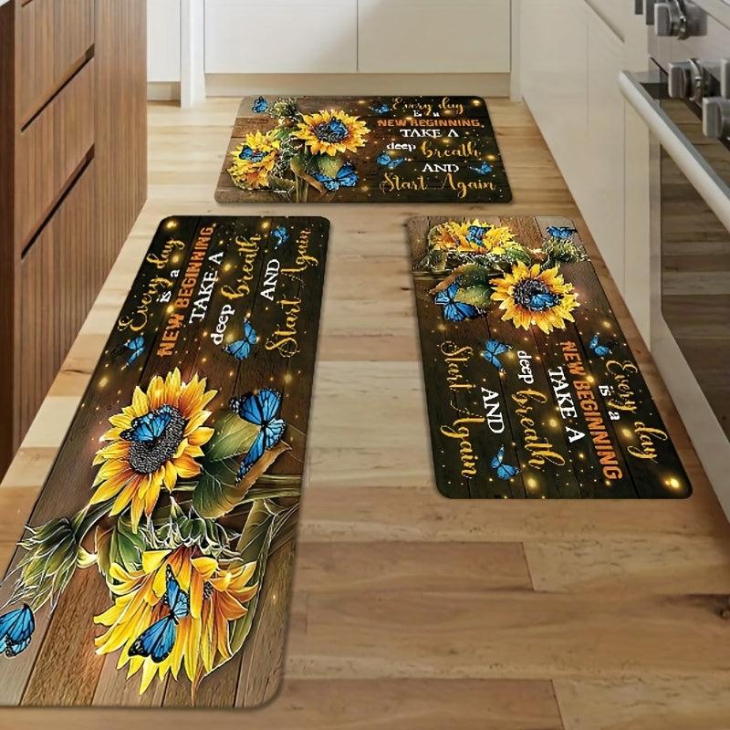 Soft Rustic Sunflower Anti Fatigue Kitchen Rug Non-Slip Set Waterproof