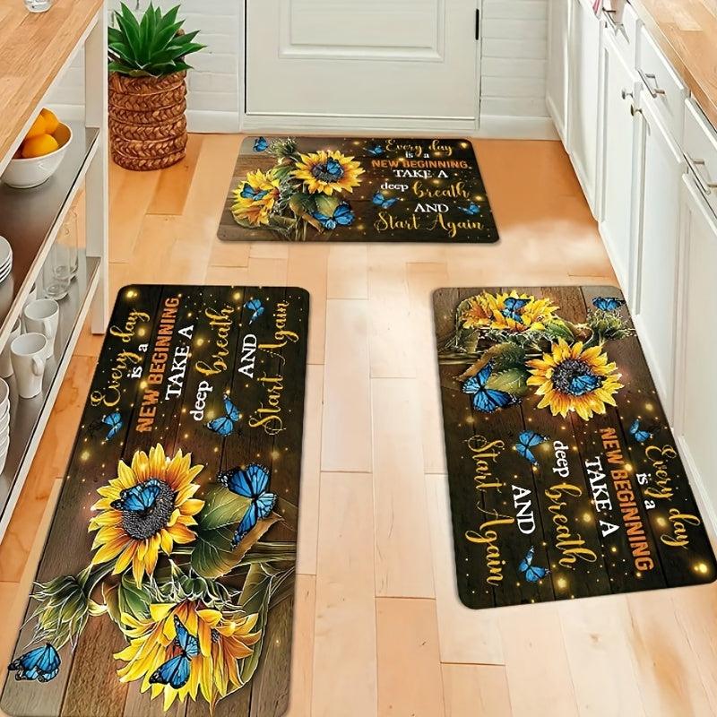 Soft Rustic Sunflower Anti Fatigue Kitchen Rug Non-Slip Set Waterproof