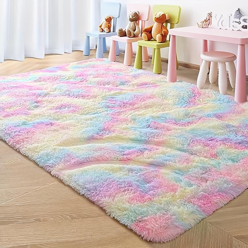 Fluffy Tie Dye Plush Bedroom Carpet Light Grey Shaggy Rug