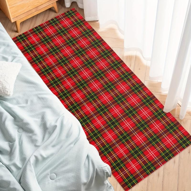 Red & Green Plaid Rug & Checked Rug Indoor Washable Entryway Decor