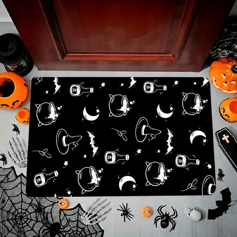 Halloween Bat Skull Pattern Flannel Rug Non-slip Floor Mat Washable