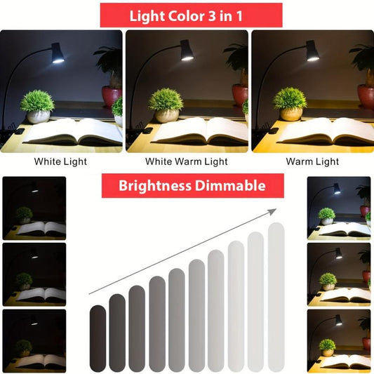Clip On Lamp LED Desk Lamp 3-in-1 Light Colors Brightness Dimmable Home Office