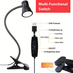 Clip On Lamp LED Desk Lamp 3-in-1 Light Colors Brightness Dimmable Home Office
