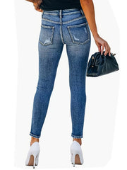 Ripped Holes Skinny Jeans Slim Fit Single Breasted Button Mid Stretch Denim Pant
