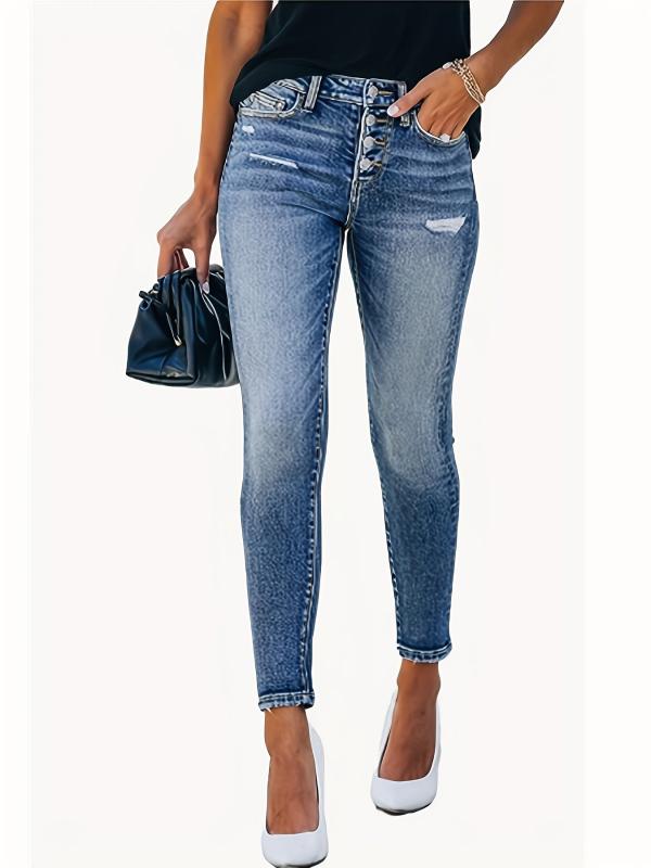 Ripped Holes Skinny Jeans Slim Fit Single Breasted Button Mid Stretch Denim Pant
