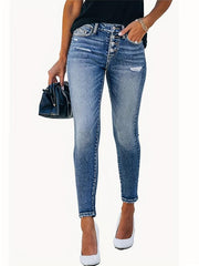 Ripped Holes Skinny Jeans Slim Fit Single Breasted Button Mid Stretch Denim Pant