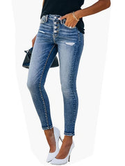 Ripped Holes Skinny Jeans Slim Fit Single Breasted Button Mid Stretch Denim Pant