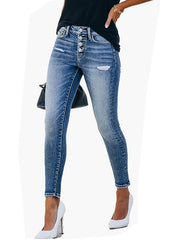 Ripped Holes Skinny Jeans Slim Fit Single Breasted Button Mid Stretch Denim Pant