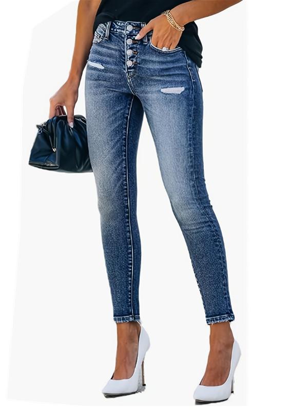 Ripped Holes Skinny Jeans Slim Fit Single Breasted Button Mid Stretch Denim Pant