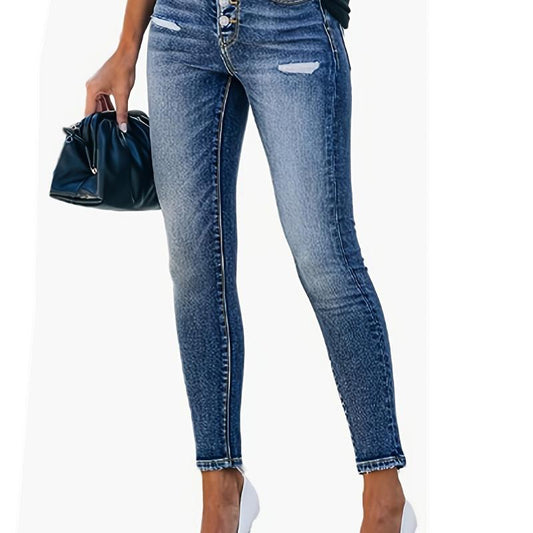 Ripped Holes Skinny Jeans Slim Fit Single Breasted Button Mid Stretch Denim Pant