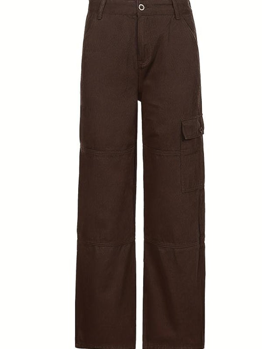 Dark Brown Cargo Pants Flap Pockets Loose Fit Non Stretch Straight Legs