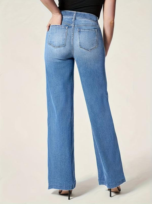 Elastic Waist Wide Leg Jeans Mid Stretch Loose Fit