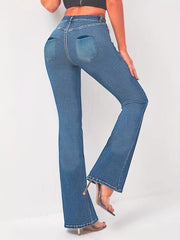 Button Flare Jeans Whiskered High Stretch Slim Fit Bell Bottom Jeans