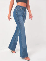 Button Flare Jeans Whiskered High Stretch Slim Fit Bell Bottom Jeans