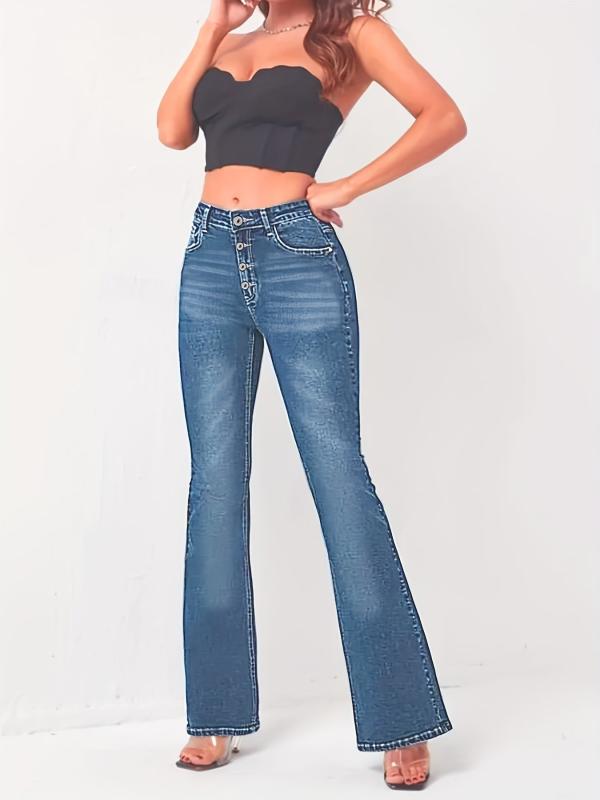 Button Flare Jeans Whiskered High Stretch Slim Fit Bell Bottom Jeans