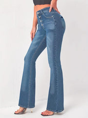 Button Flare Jeans Whiskered High Stretch Slim Fit Bell Bottom Jeans