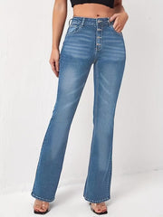 Button Flare Jeans Whiskered High Stretch Slim Fit Bell Bottom Jeans