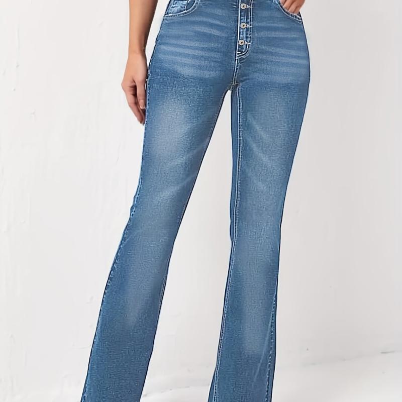Button Flare Jeans Whiskered High Stretch Slim Fit Bell Bottom Jeans