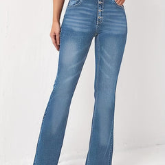Button Flare Jeans Whiskered High Stretch Slim Fit Bell Bottom Jeans