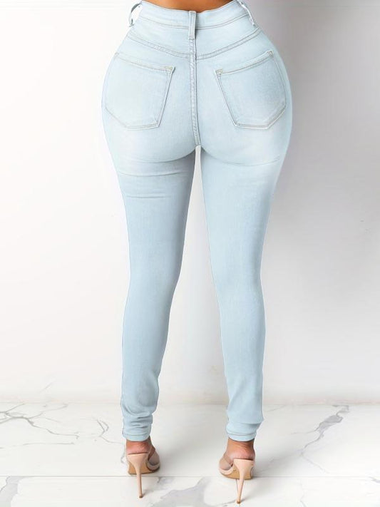 Light Casual Skinny Jeans Mid Stretch Slim Fit Slash Pockets Tight Jeans