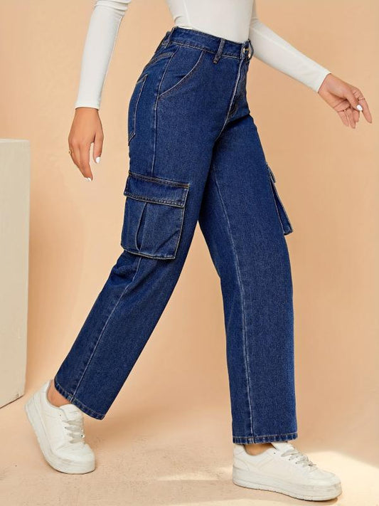 Flap Pockets Cargo Pants Loose Fit Non Stretch Straight Jeans