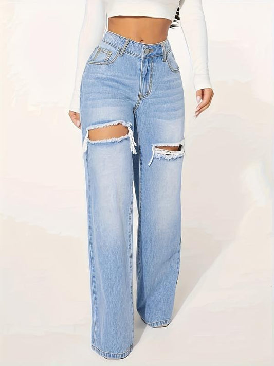 Ripped Holes Baggy Jeans Distressed Loose Fit Wide Leg Denim Jeans