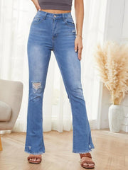 Ripped Holes Bootcut Jeans High Waist Mid Stretch Distressed Denim Trousers