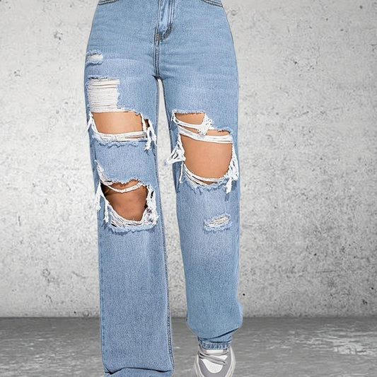 Distressed Loose Fit Non Stretch Wide Legs Jeans Women's Denim Jeans