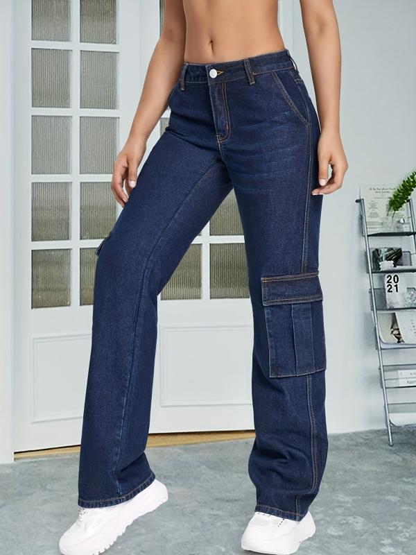 Dark Y2K Cargo Pants Loose Fit Flap Pockets Non Stretch Straight Jeans Women