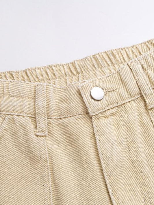 Khaki Flap Pockets Cargo Pants Loose Fit Non Stretch Straight Legs Jeans