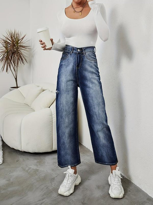 Washed Casual Straight Jeans Ripped Holes Loose Fit Denim Trousers