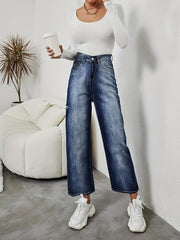 Washed Casual Straight Jeans Ripped Holes Loose Fit Denim Trousers