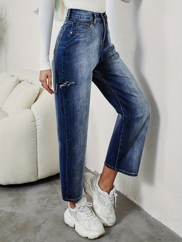 Washed Casual Straight Jeans Ripped Holes Loose Fit Denim Trousers
