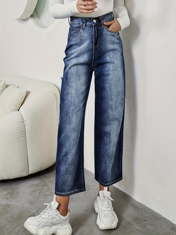 Washed Casual Straight Jeans Ripped Holes Loose Fit Denim Trousers
