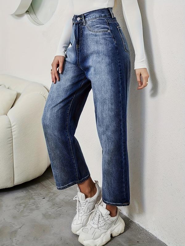 Washed Casual Straight Jeans Ripped Holes Loose Fit Denim Trousers