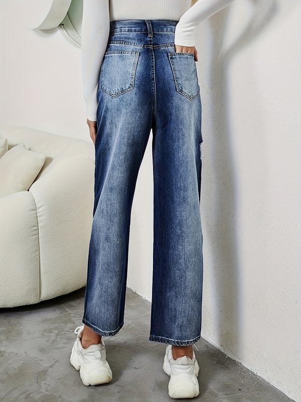 Washed Casual Straight Jeans Ripped Holes Loose Fit Denim Trousers