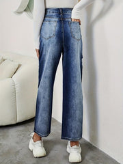 Washed Casual Straight Jeans Ripped Holes Loose Fit Denim Trousers