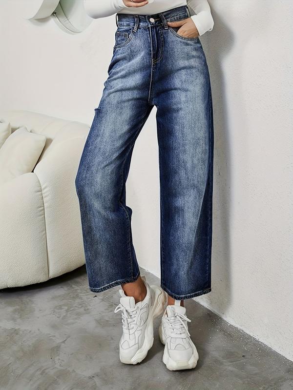 Washed Casual Straight Jeans Ripped Holes Loose Fit Denim Trousers