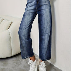 Washed Casual Straight Jeans Ripped Holes Loose Fit Denim Trousers