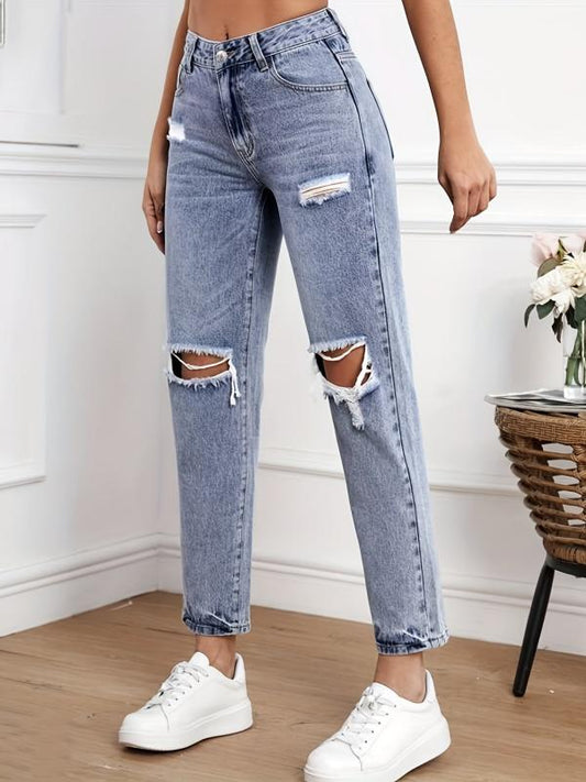 High Waist Ripped Holes Straight Jeans for Women