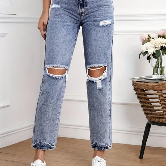 High Waist Ripped Holes Straight Jeans for Women