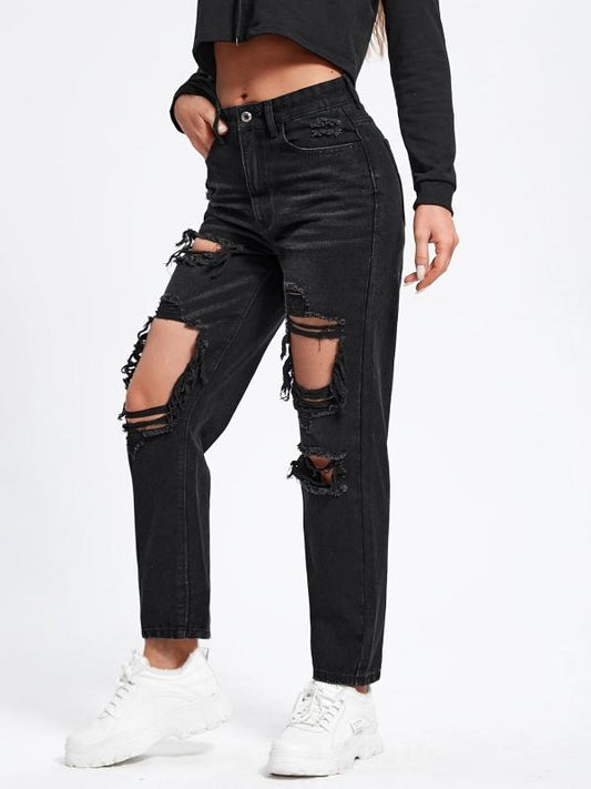 Ripped Holes Straight Jeans Distressed Denim Trousers