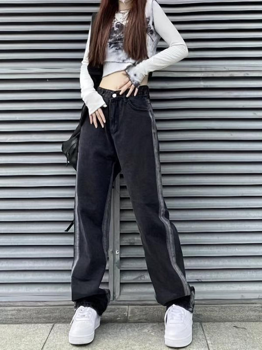 Loose Fit Straight Jeans Non Stretch Contrast Retro Style Women's Denim Trousers