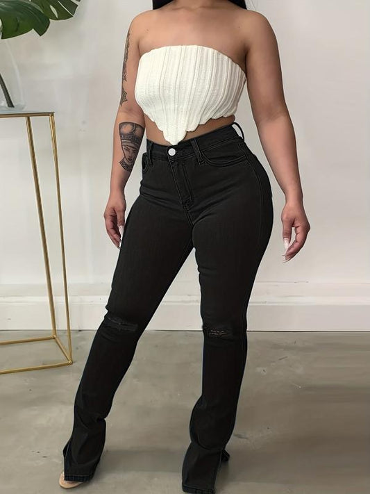 High Waist Split Denim Pants Ripped Jeans