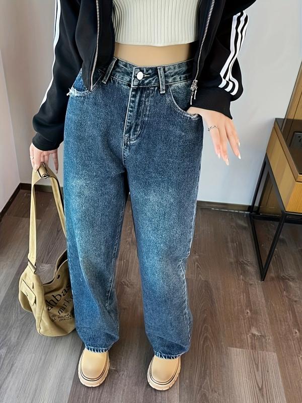 High Rise Wide Leg Jeans Contrast Pocket Loose Fit