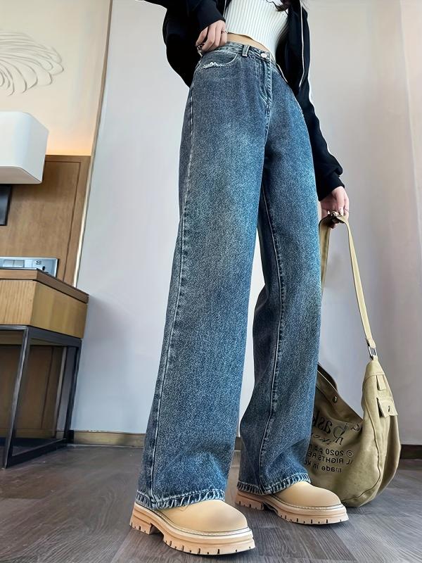 High Rise Wide Leg Jeans Contrast Pocket Loose Fit