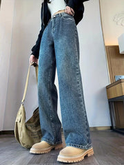 High Rise Wide Leg Jeans Contrast Pocket Loose Fit