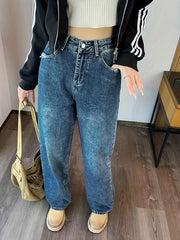 High Rise Wide Leg Jeans Contrast Pocket Loose Fit