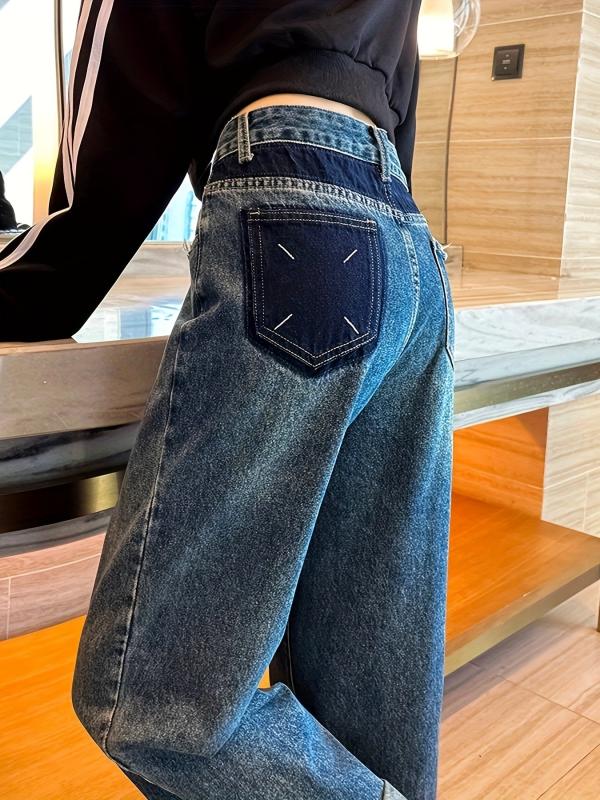 High Rise Wide Leg Jeans Contrast Pocket Loose Fit
