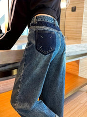 High Rise Wide Leg Jeans Contrast Pocket Loose Fit